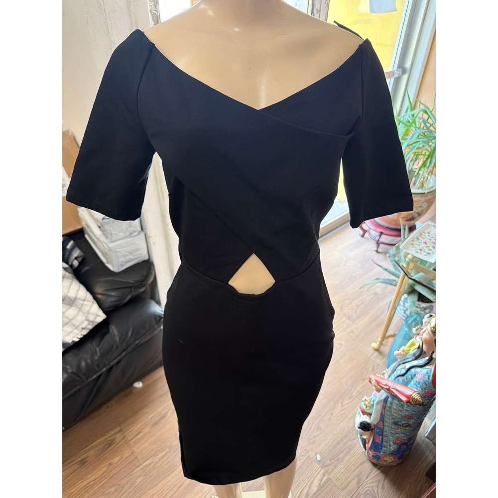 Black Off‎ Shoulder Crisscross Cutout Bodycon Midi Dress Short Sleeve Cocktail